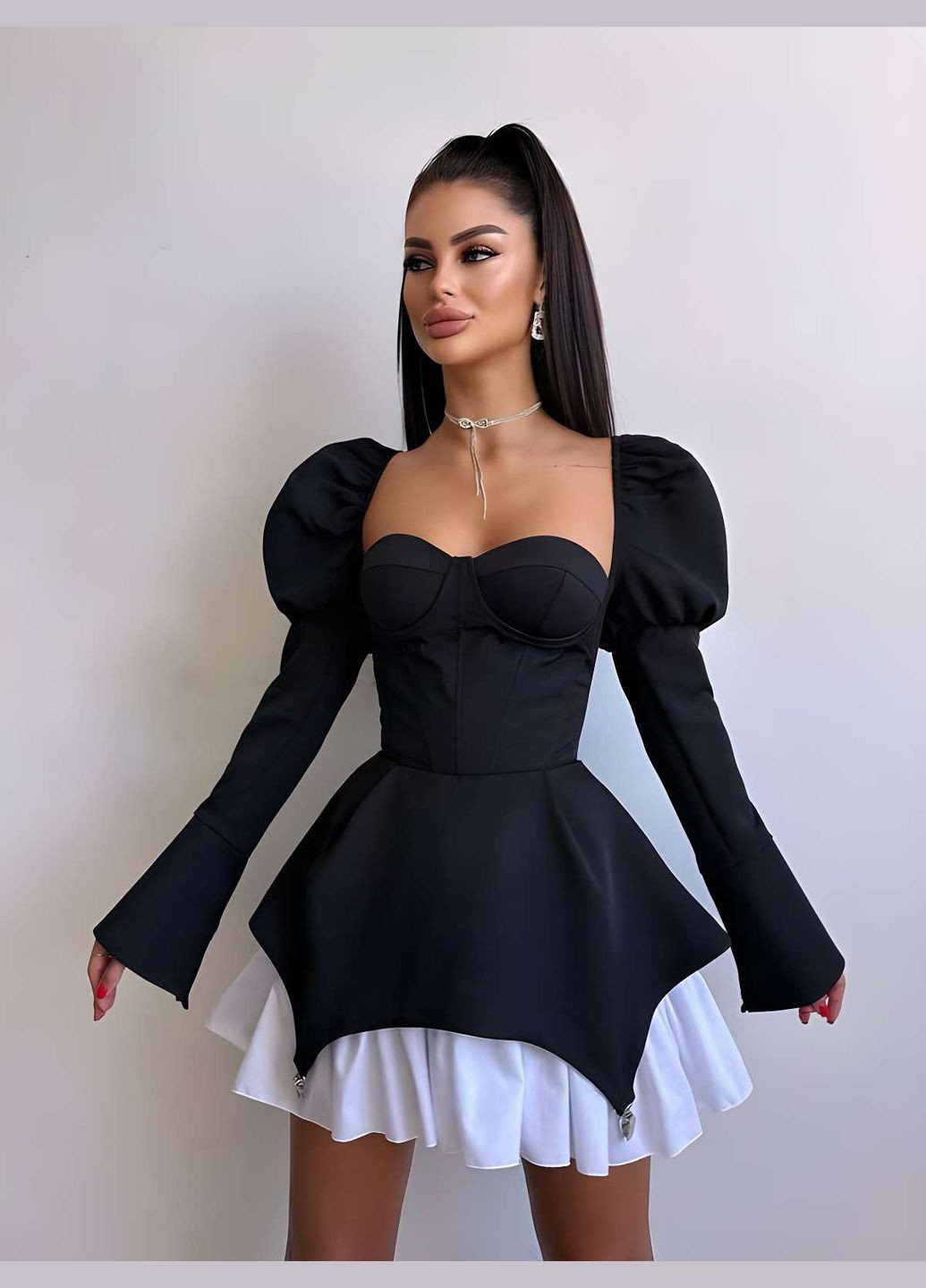 Черное праздничный, коктейльное, повседневный, кэжуал, вечернее женское короткое пышное мини платье с элементами корсета 7 цветов Україна однотонное