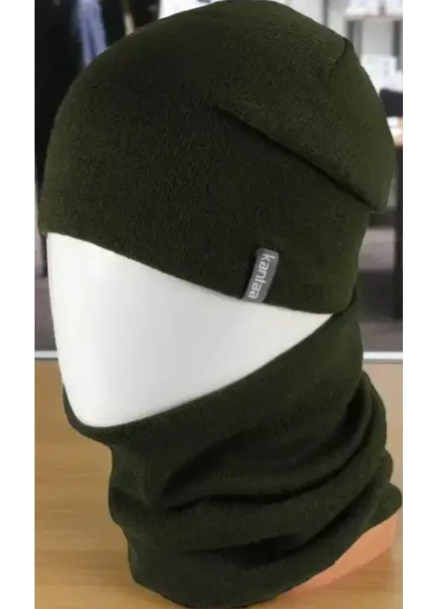 Мужской зимний комплект вязаная шапка с флисовой подкладкой + бафф-снуд хаки, тёплый набор One Size No Brand (363052221)