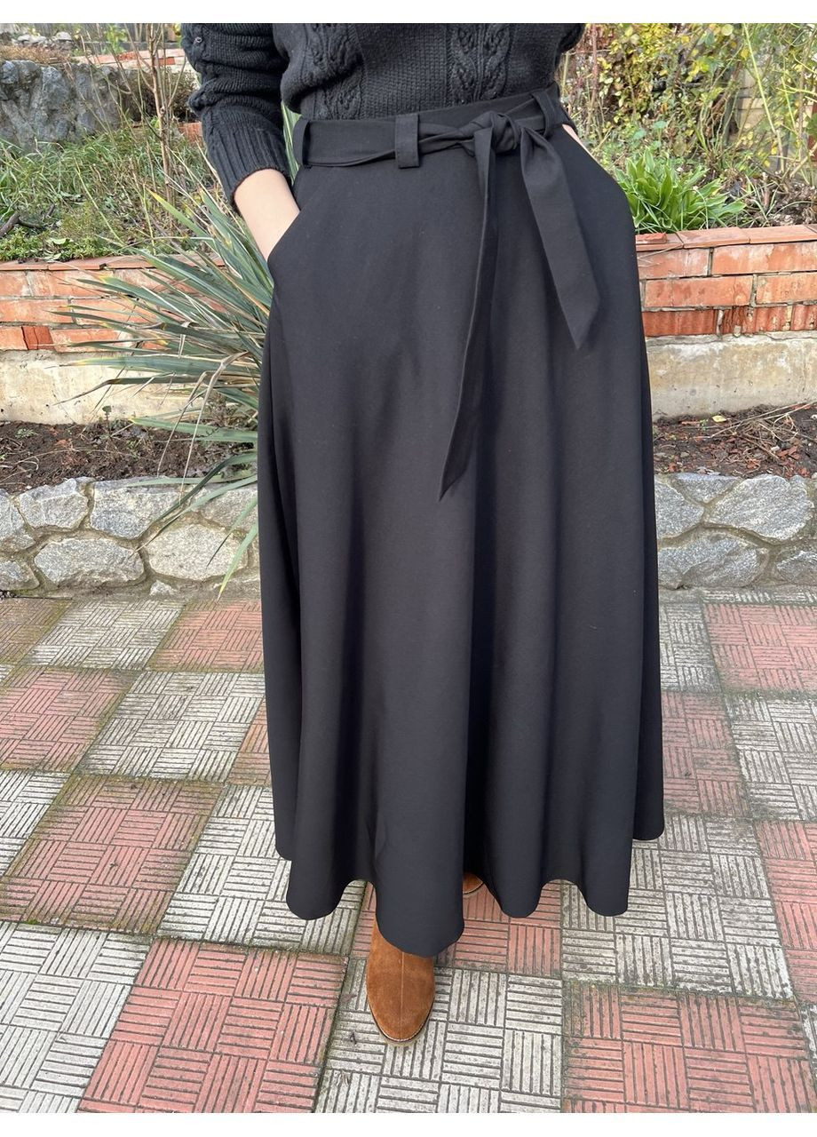 Черная праздничный, повседневная, вечерний, офисная, кэжуал однотонная красивая модная черная хлопковая свободная длинная женская юбка макси клеш полусолнце колокол с поясом с карманами с подкладкой No Brand колокол, пышная, клешированная-солнце, клешированная