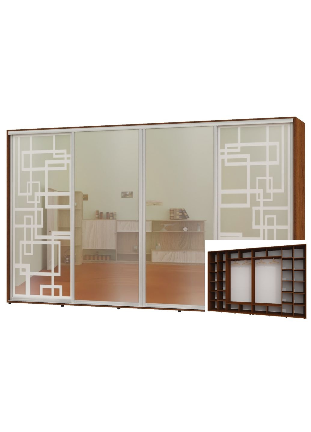Шафа-купе чотиридверна 420*45*250 Горіх лісовий 2 Дзеркала з піскострумним малюнком/2 Дзеркала Алекса (360445309)