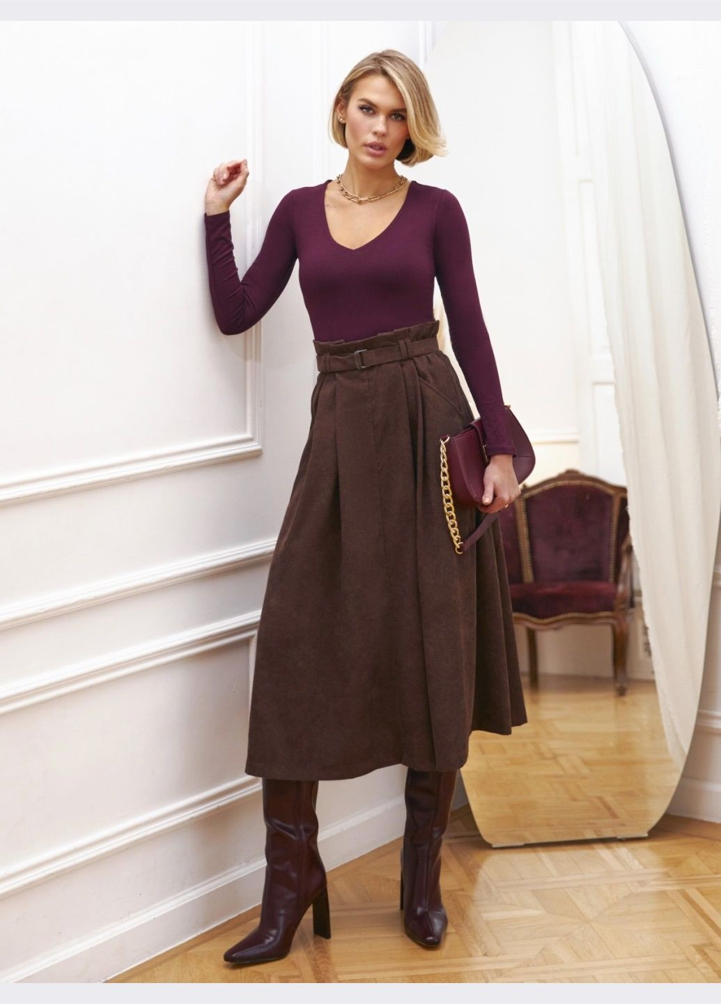 Коричневая кэжуал однотонная юбка-миди из микровельвета коричневого цвета Dressa