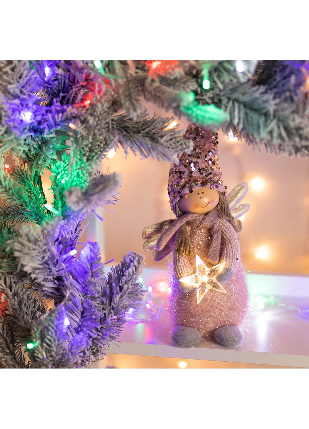 Новорічна м'яка іграшка Дівчинка Янгол в рожевому 40см LED зірка (974627) Novogod'ko (364358511)