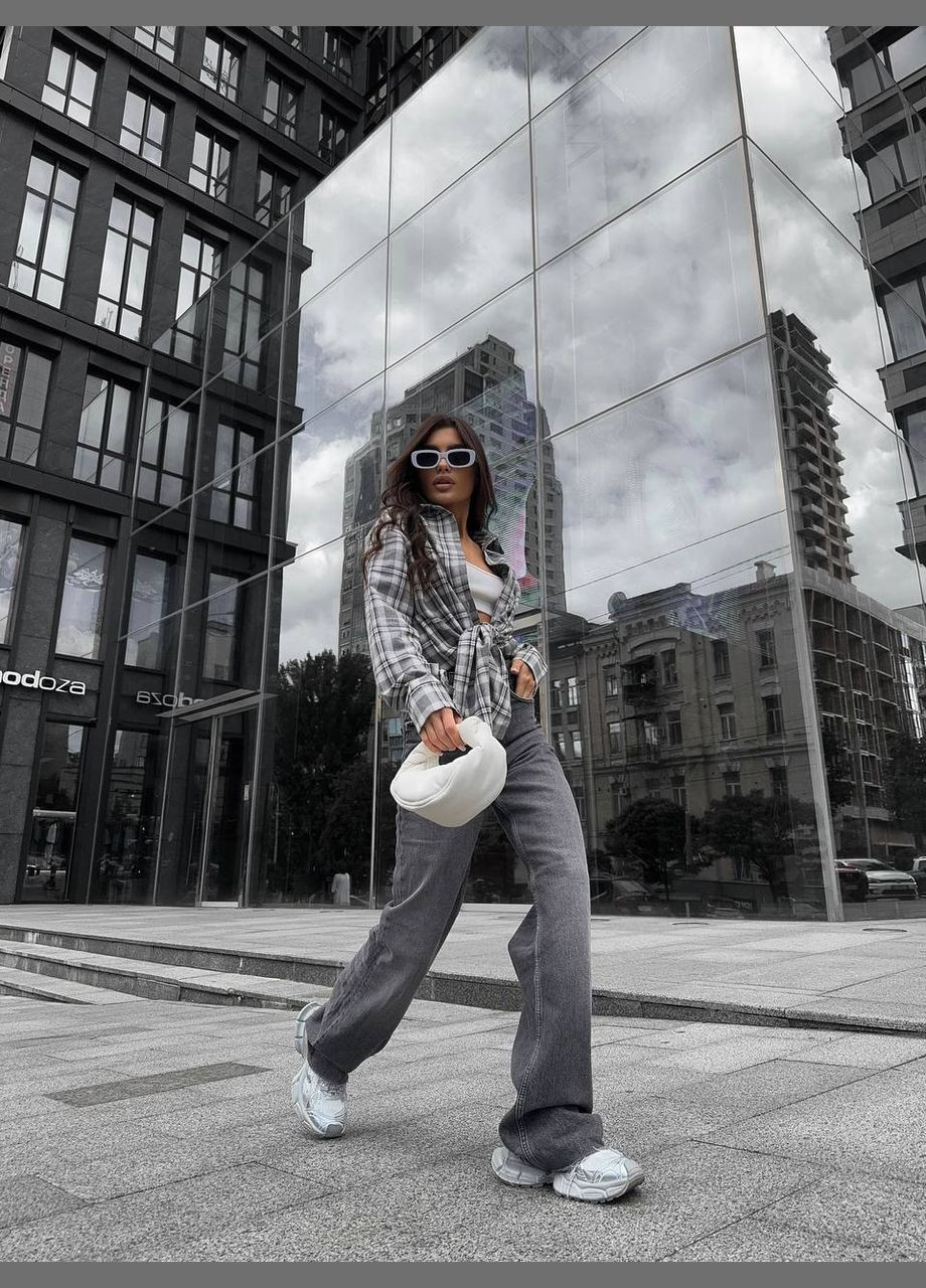 Серая спортивная, повседневный, кэжуал, джинсовая рубашка в клетку Україна с длинным рукавом