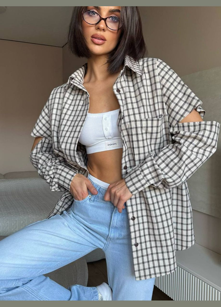 Светло-бежевая повседневный рубашка в клетку Garna с длинным рукавом