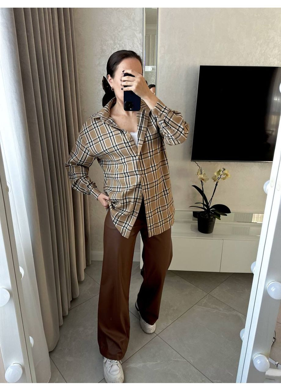 Бежевая повседневный рубашка в клетку DK/DL Мода без кордонів с длинным рукавом