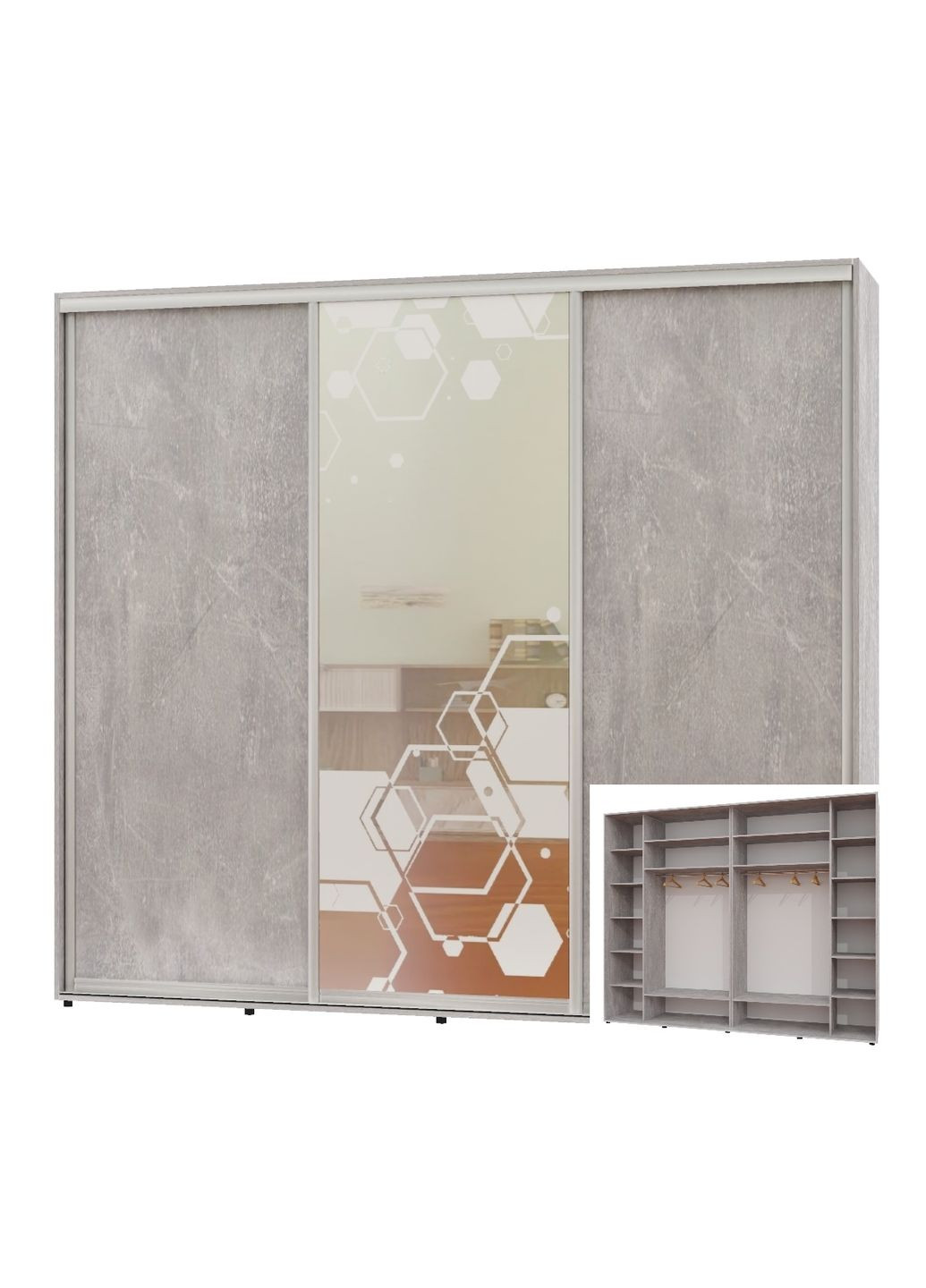 Шкаф-купе трехдверный 300*60*240 Индастриал 2 ДСП/Зеркало с пескоструйным рисунком Люкс-149 Алекса (360470026)