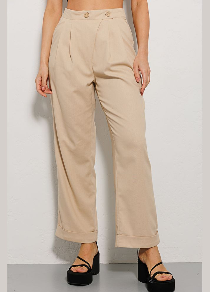 Женские льняные брюки светло-бежевые с отворотами внизу Arjen (294907437)