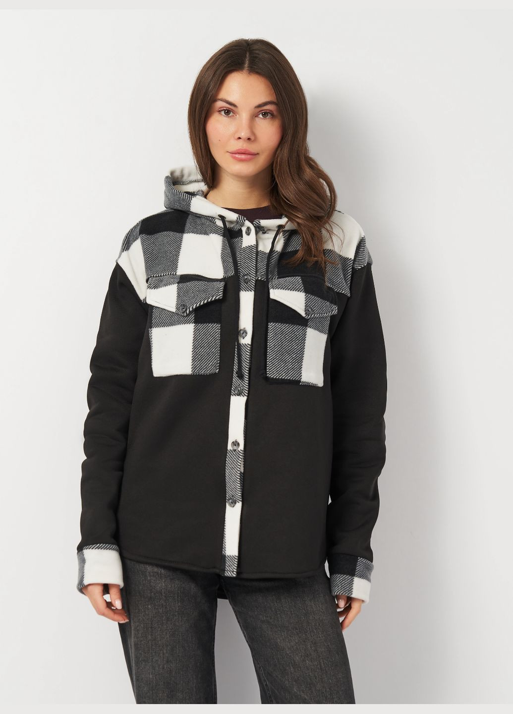 Черно-белая спортивная, повседневный, кэжуал рубашка в клетку Olis-Style с длинным рукавом