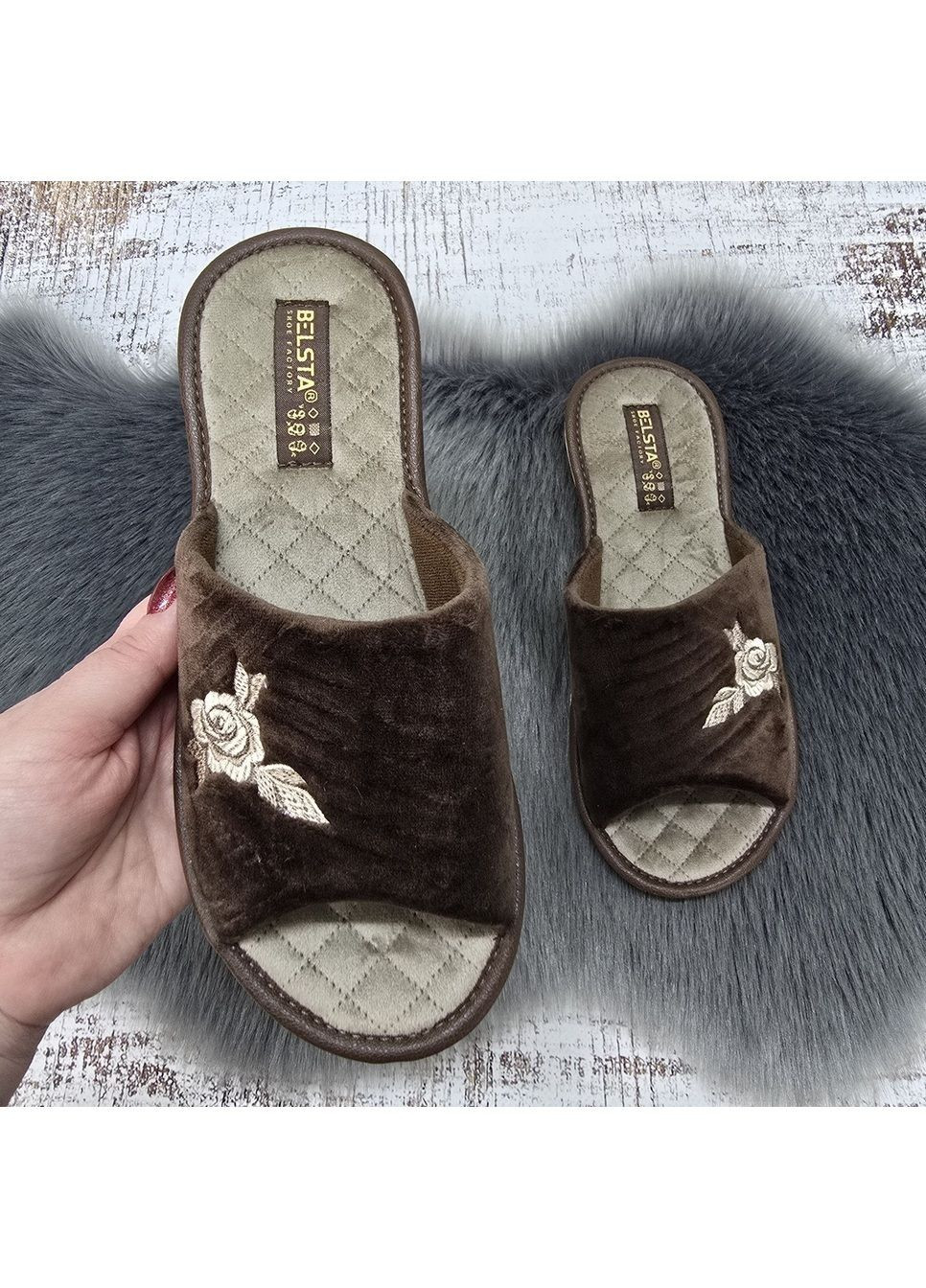 Тапочки жіночі Белсте коричневі велюрові з відкритим носком Белста (369504723)