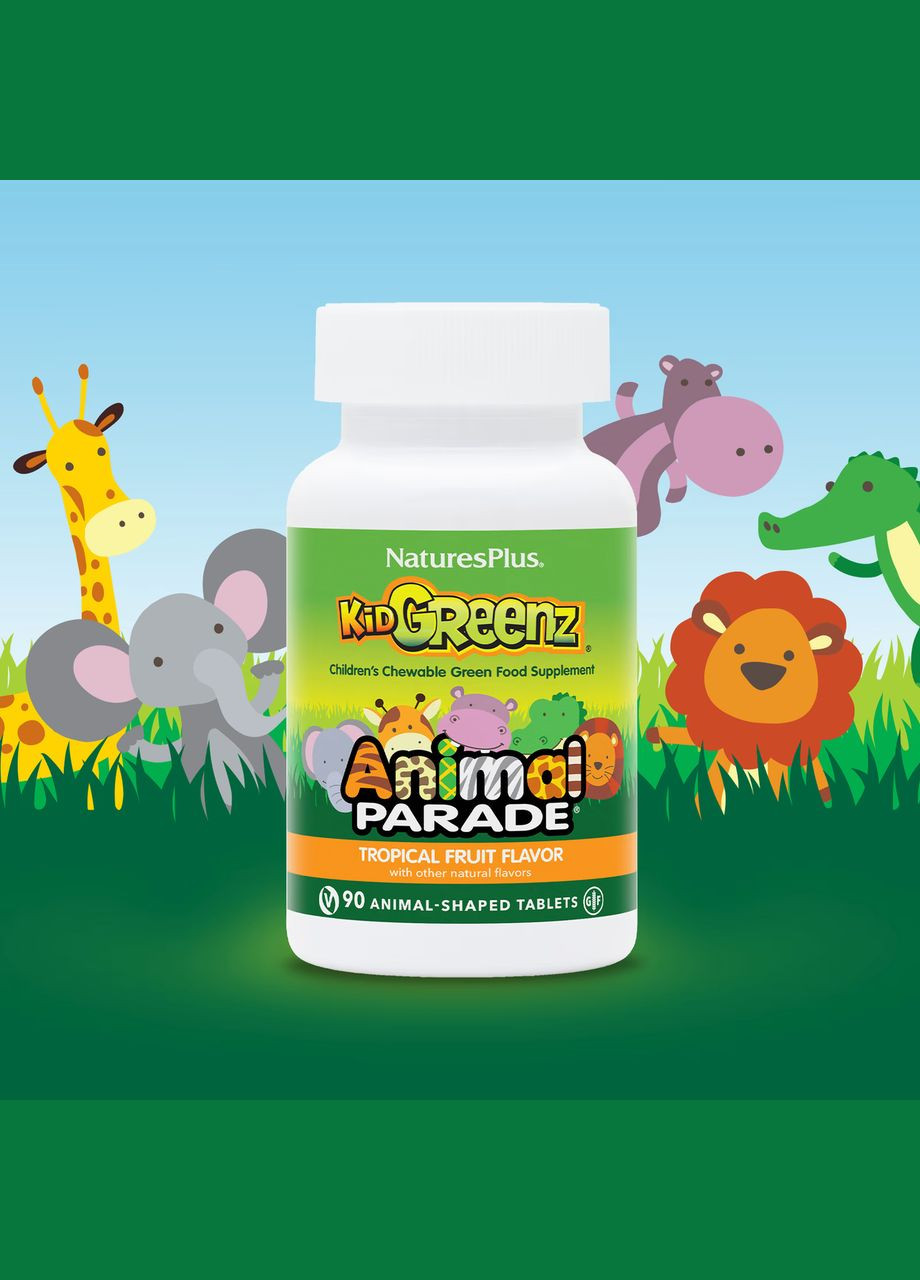 Animal Parade, Kid Greenz для дітей, з броколі, шпинатом, з натуральним смаком тропічних фруктів, 90 таблеток Nature's Plus (323220483)