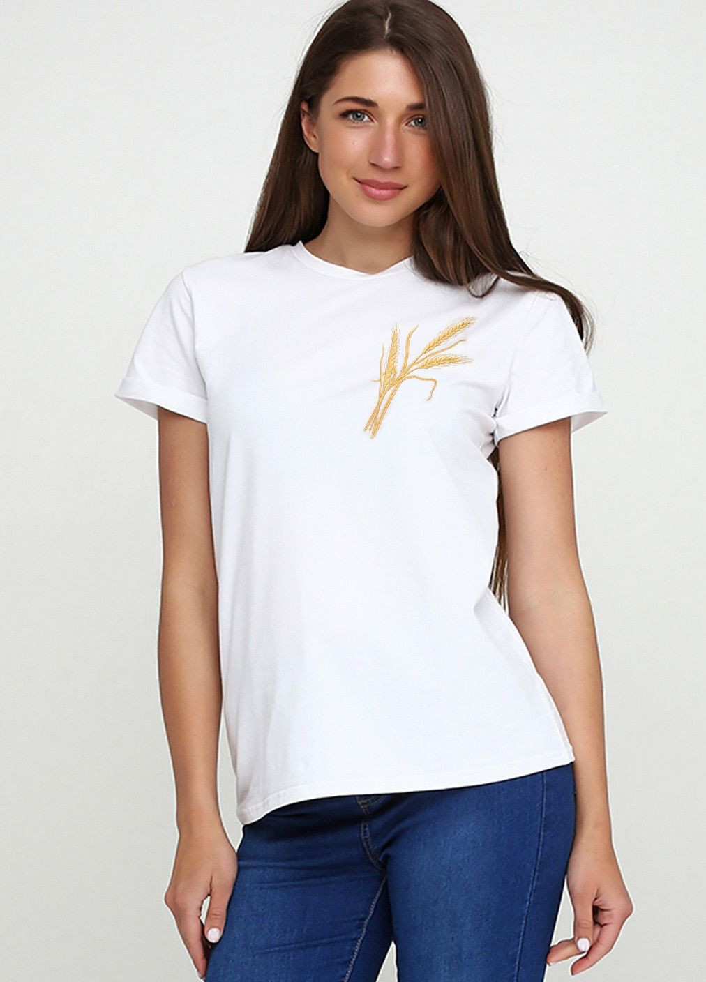 Біла всесезон жіноча футболка з вишивкою колосок з коротким рукавом Malta