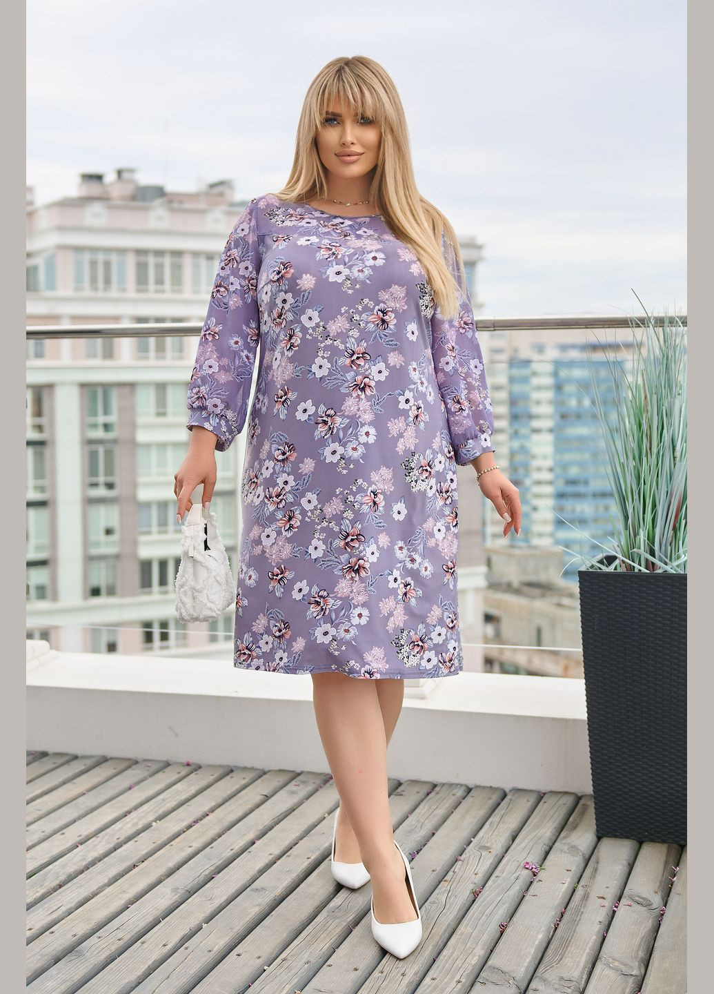 Лавандовое кэжуал шифоновое платье колокол No Brand с цветочным принтом