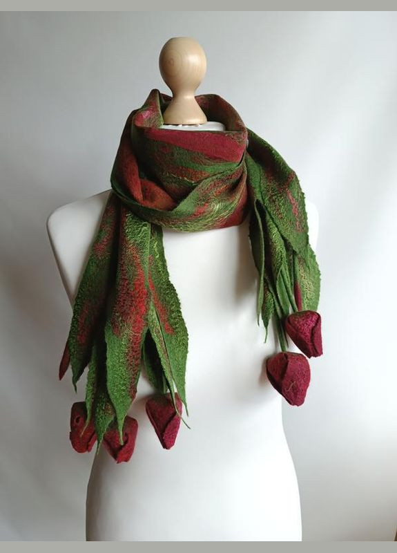 Шарф з тюльпанами, мокре валяння вовни меринос і шовку, ручна робота Hand Made (330766788)