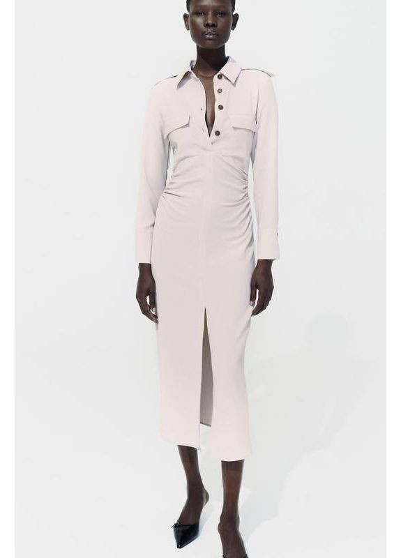 Бежева сукня міді з драпіруванням на поясі Zara