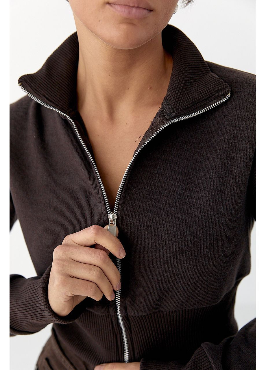 Короткий кардиган на блискавці з коміром-стійкою - сірий колір Lurex (370601969)