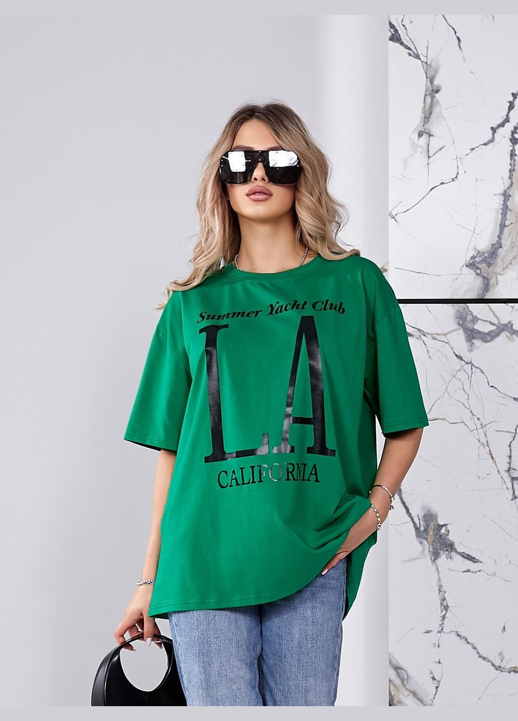 Зеленая всесезон оверсайз футболка la с коротким рукавом No Brand
