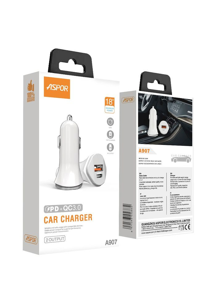 Автомобильное зарядное устройство A907 PD блочок (UCB C+A / 3.0A) 2в1 Type-C + Type-C- белый Aspor (368561166)