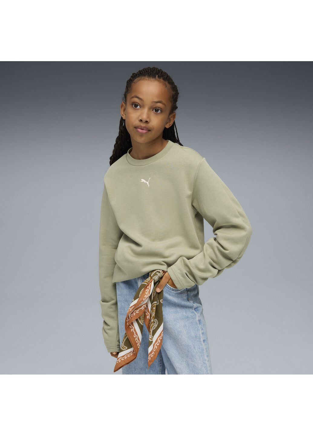 Puma детский свитшот bowtique crew youth однотонный зеленый спортивный хлопок, полиэстер, эластан