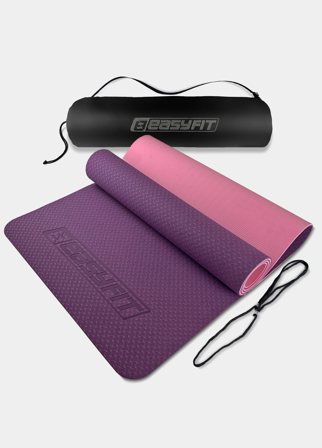 Килимок для йоги та фітнеса TPE+TC 6мм двошаровий + Чохол фіолетовий з рожевим EasyFit (345712651)