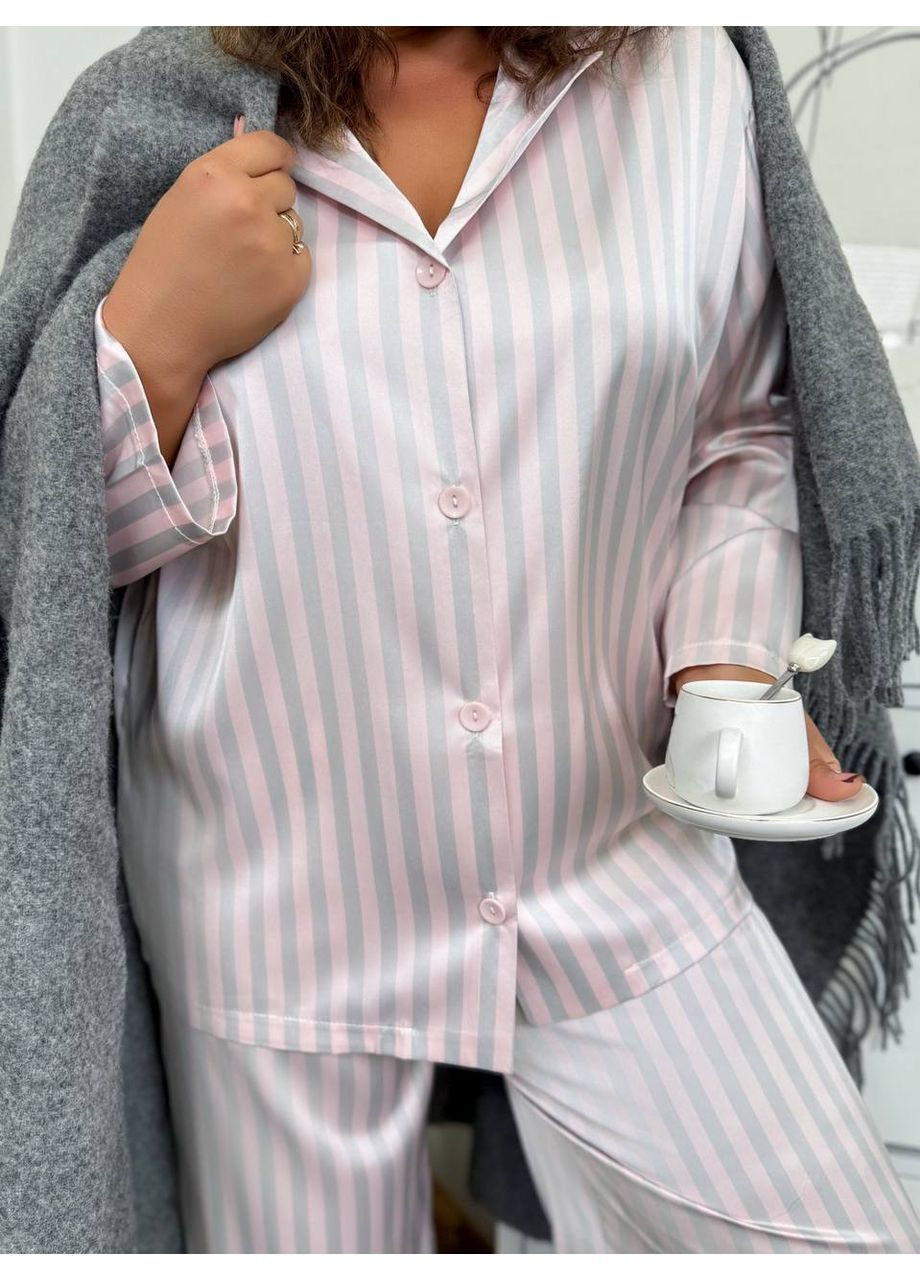 Розовая всесезон шелковая пижама рубашка + брюки No Brand