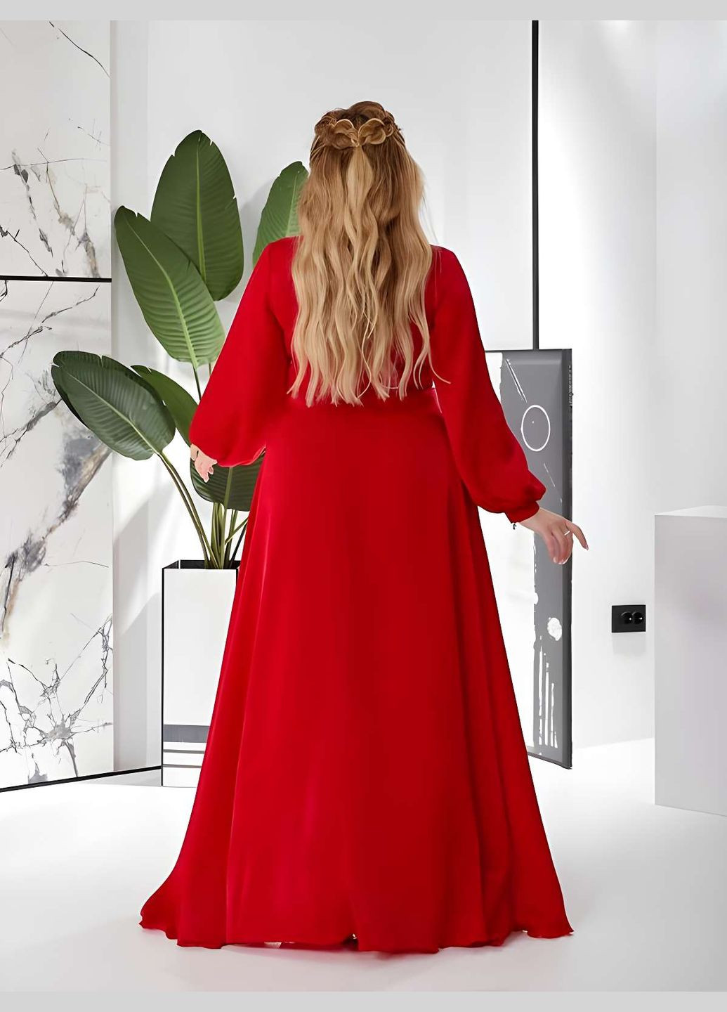 Красное праздничный, откровенный, коктейльное, вечернее 42-64р платье в пол нарядное праздничное длинное батал большие размеры длинный рукав декольте шёлк Україна однотонное
