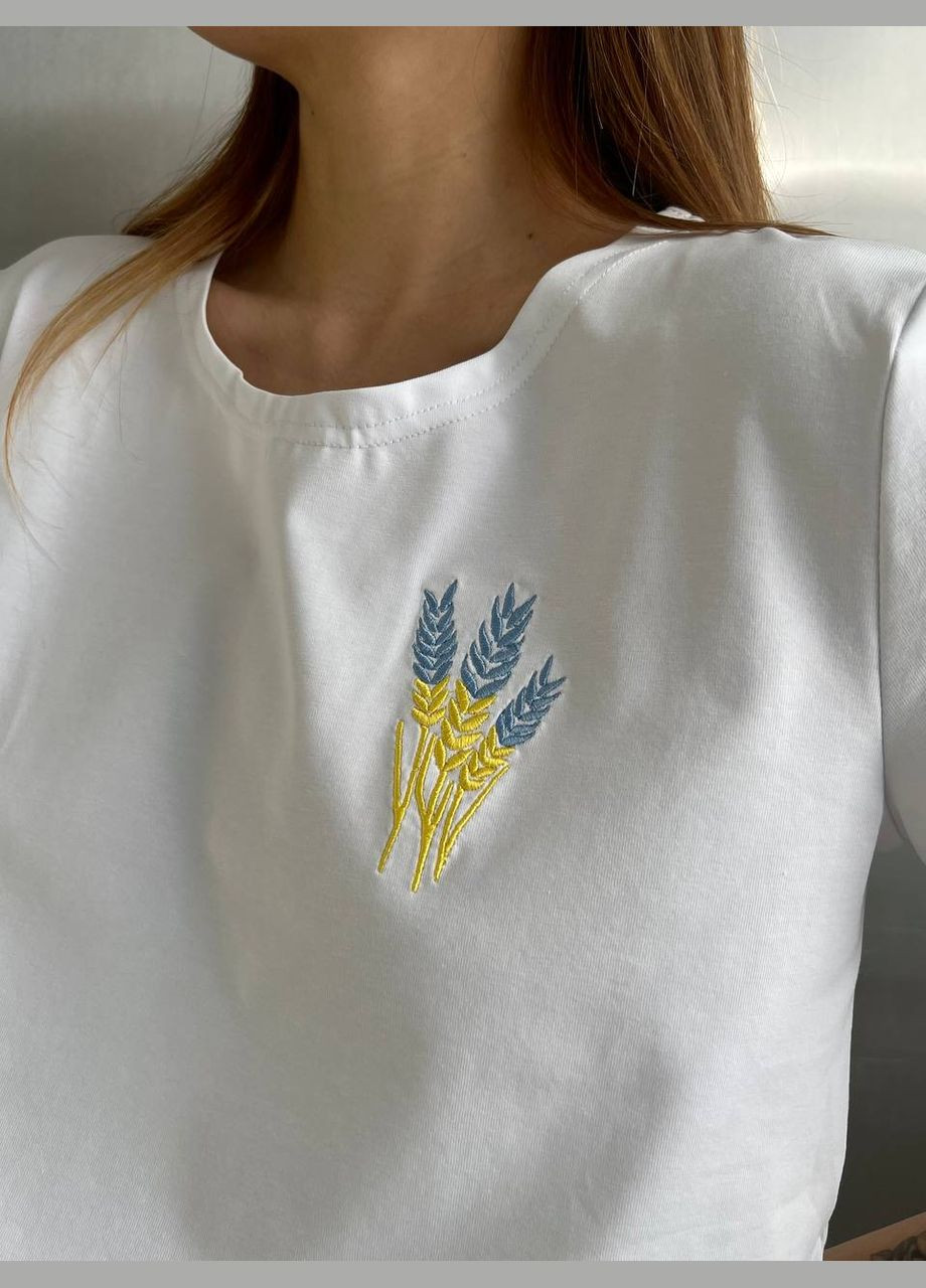 Белая всесезон шикарная качественная белая футболка onesize с вышивкой колосков, красивая патриотическая футболка из турецкого кулира хлопка No Brand 514-1