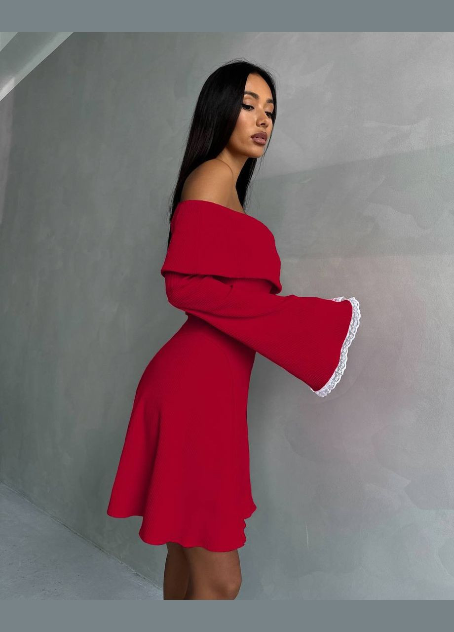 Красное нежное красное короткое платье с открытым декольте и длинным рукавом с кружевом, стильное платье с открытыми плечами No Brand