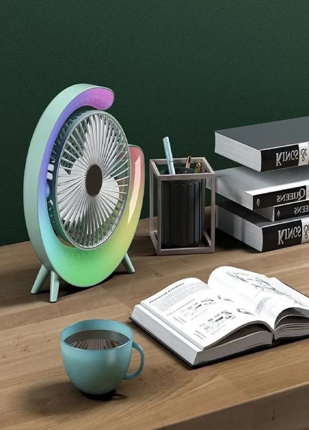 Настольный аккумуляторный вентилятор с RGB подсветкой Fan F13, Colorful Desktop Fan Зеленый VTech (330258412)