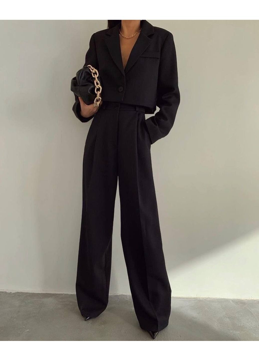 Брючний костюм зі штанами палаццо та вкороченим піджаком з плечиками,арт МІВ 239,чорний, розмір 44-46 No Brand (355469852)