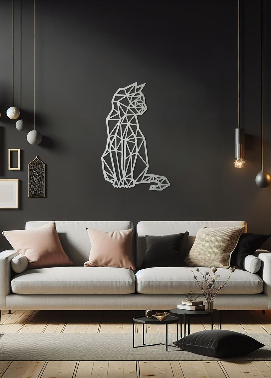 Дерев'яна картина на стіну, декор в кімнату "Геометричний кіт", стиль мінімалізм 50х33 см Woodyard (292113609)