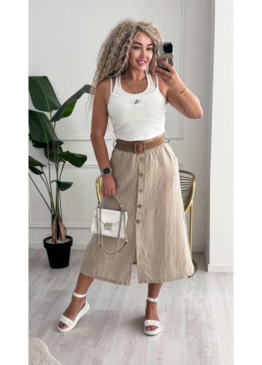 Жіноча спідниця міді вільного крою з жатого льону MonCher (350287895)