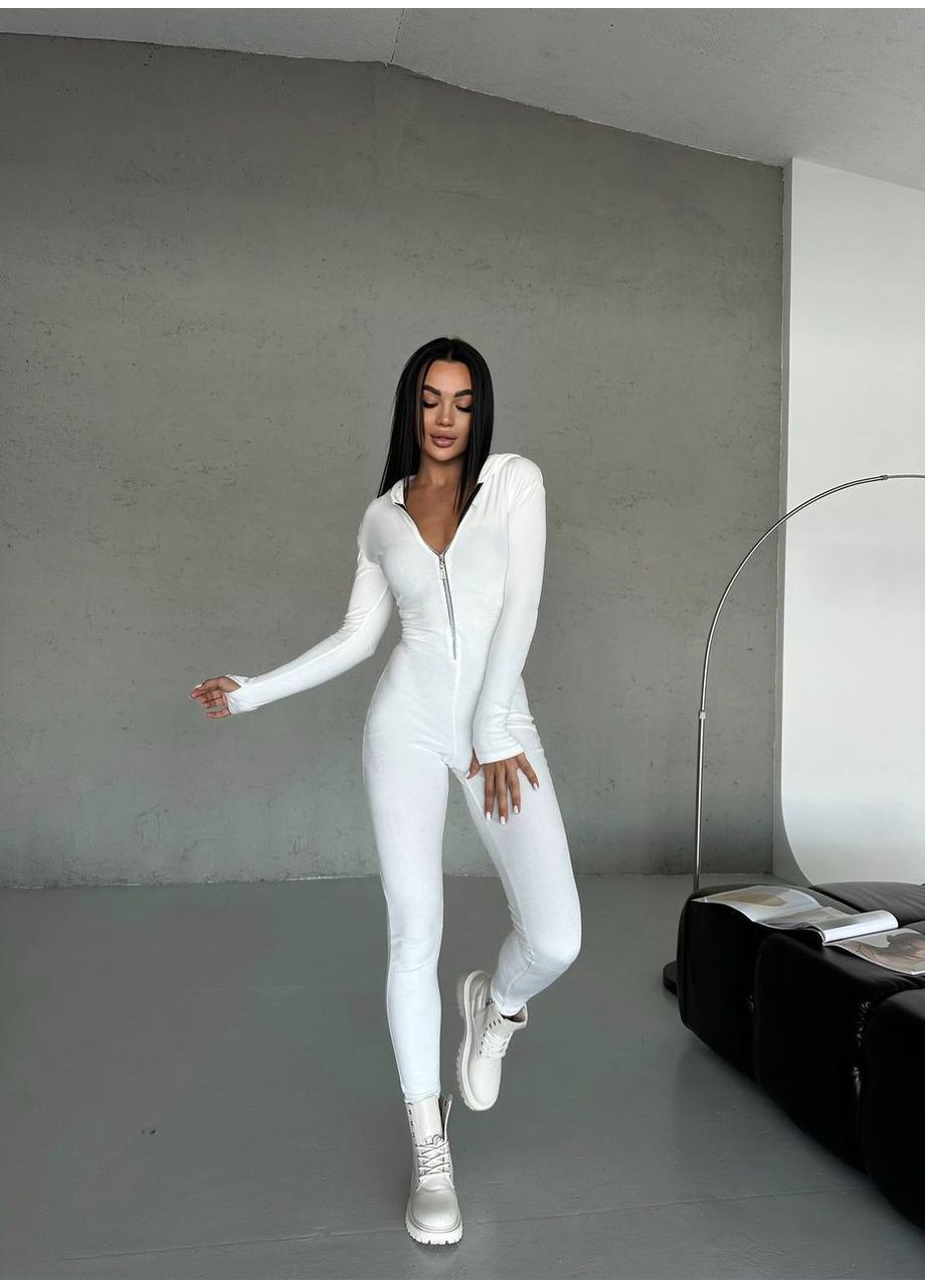 Жіночий велюровий комбінезон No Brand комбінезон-брюки однотонний білий спортивний, повсякденний велюр