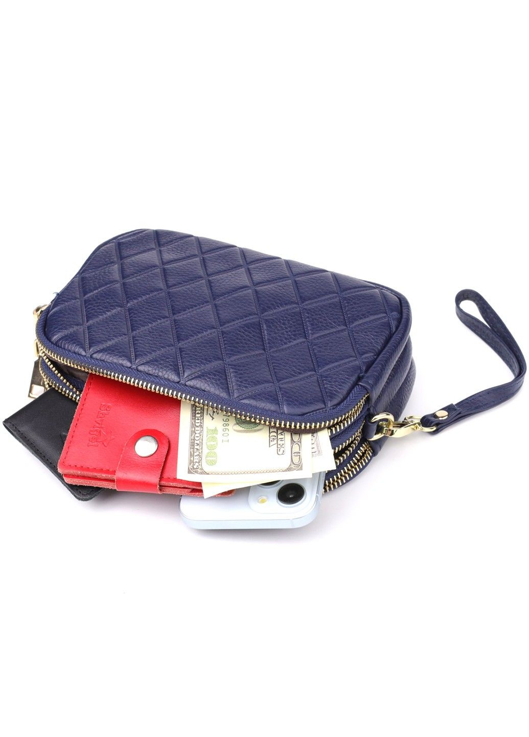 Зручна шкіряна сумка на три відділення для жінок 22892 Синій Vintage (357494966)