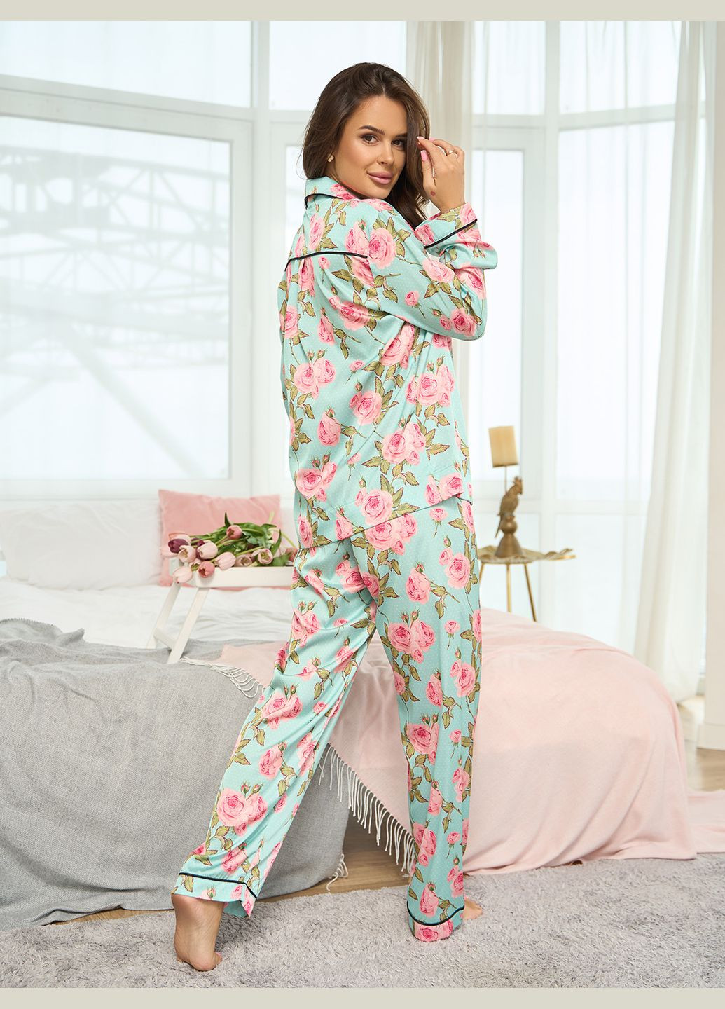 Голубая всесезон домашняя одежда рубашка + брюки ISSA PLUS 14848