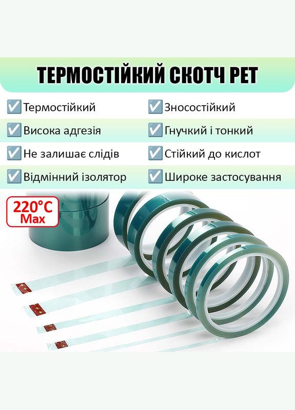Термостійкий скотч PET зелений / 220°C Max / товщина 0.06 мм / довжина 33 м / ширина 12 мм MaYuan (322707063)