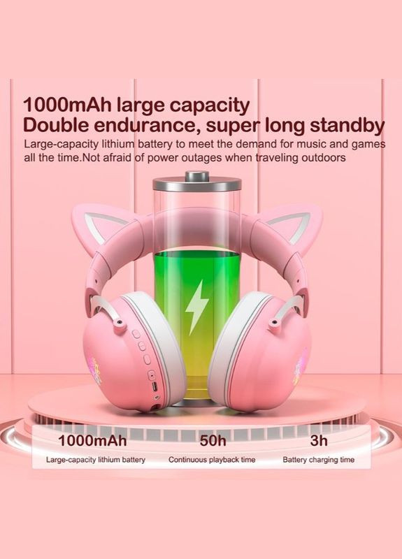 Навушники котячі вушка B100 бездротові з підсвіткою рожеві Onikuma (280877888)