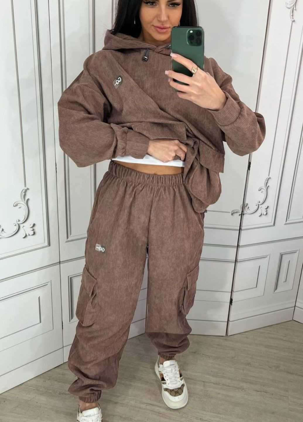 Вельветовый оверсайз костюм с капюшоном и накладными карманами. Україна (322265124)