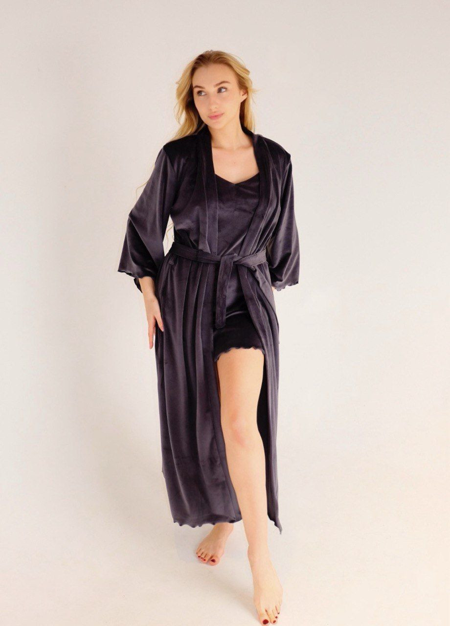 Велюровий домашній комплект 2в1 (Нічна сорочка та довгий халат ) Сірий No Brand 2 в 1 (317640906)