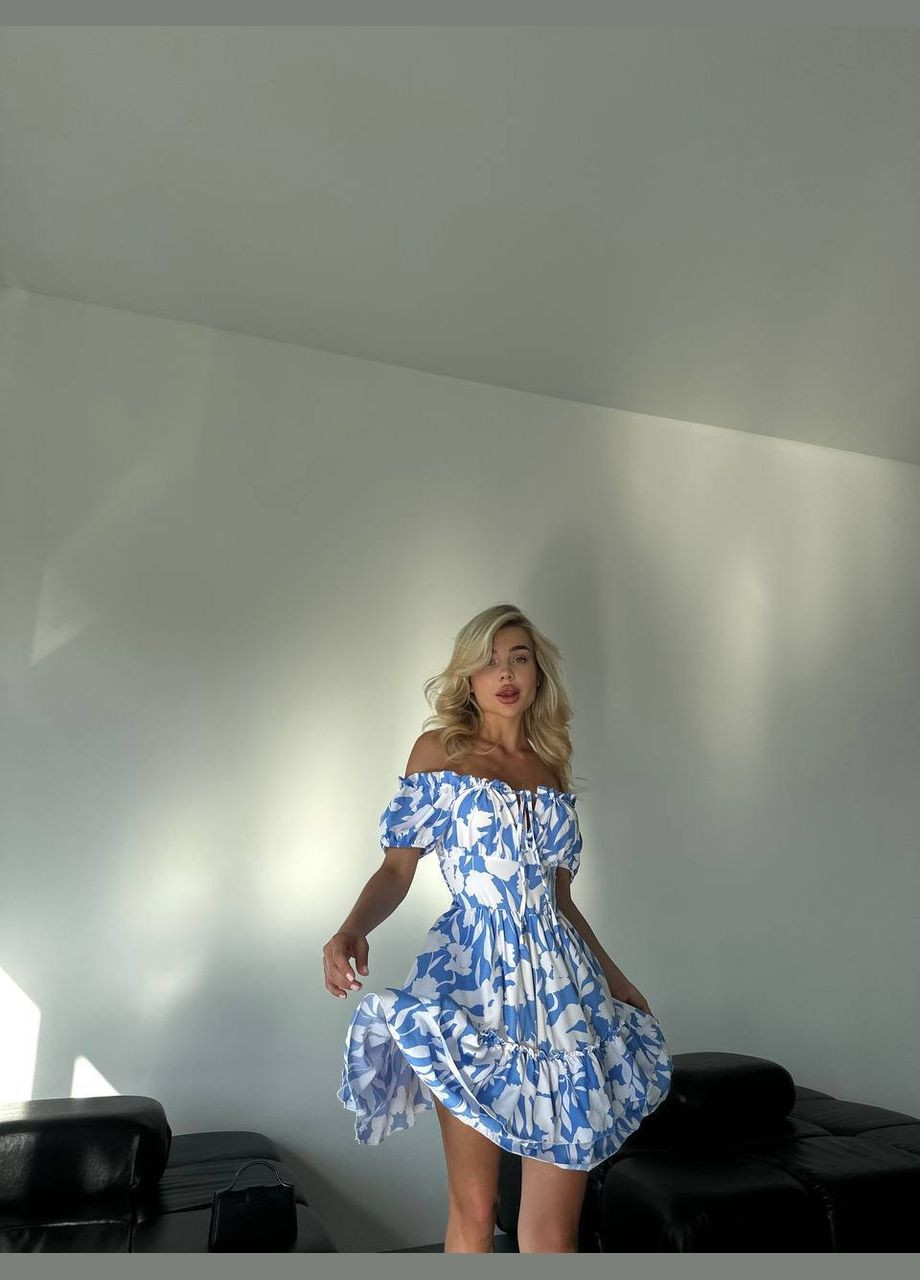 Голубое повседневный стильное женское платье мини с юбкой-солнце Style Point с абстрактным узором