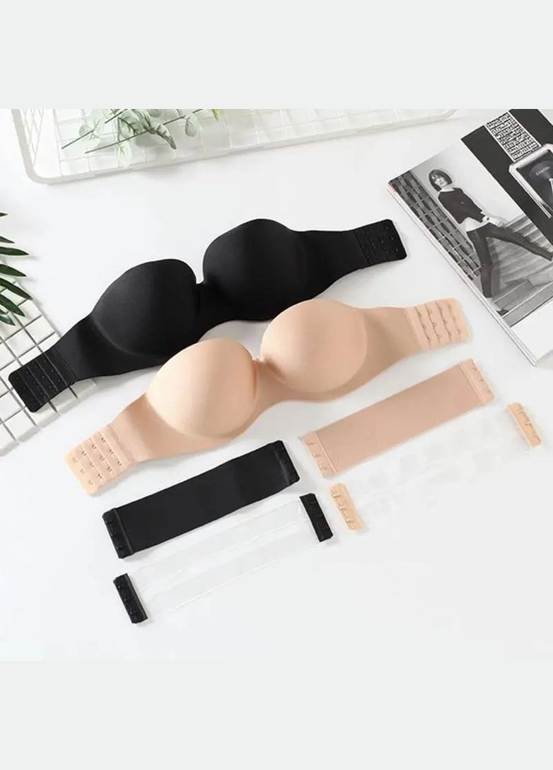 Чорний балконет бюстгальтер з силіконовою спинкою push-up, безшовний гладкий бюстгальтер пуш ап, ліфчик балконет пуш ап, бежевий, розмір a No Brand