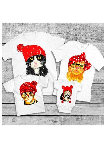 Футболки Фэмили Лук Family Look для всей семьи "Коты в головных уборах" Кавун футболка (316304561)