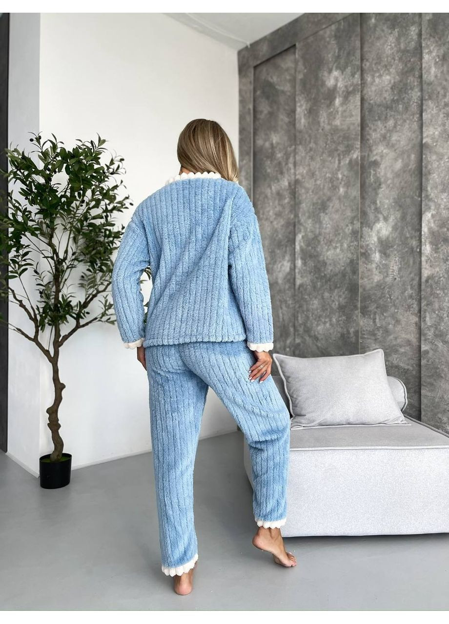 Голубая зимняя женская пижама - домашний костюм теплый рубашка + брюки No Brand