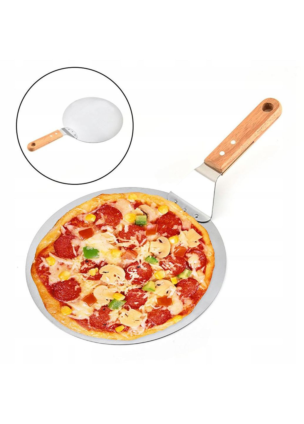 Лопатка для піци підставка Ø25.5 см із нержавіючої сталі з дерев'яною ручкою Kitchen Master (285896779)