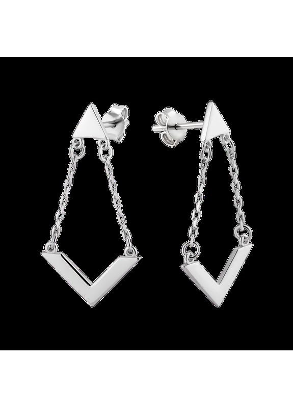 Срібні сережки пуссети Галочки на тонкому ланцюжку і трикутники без каменів Каштан (342335363)