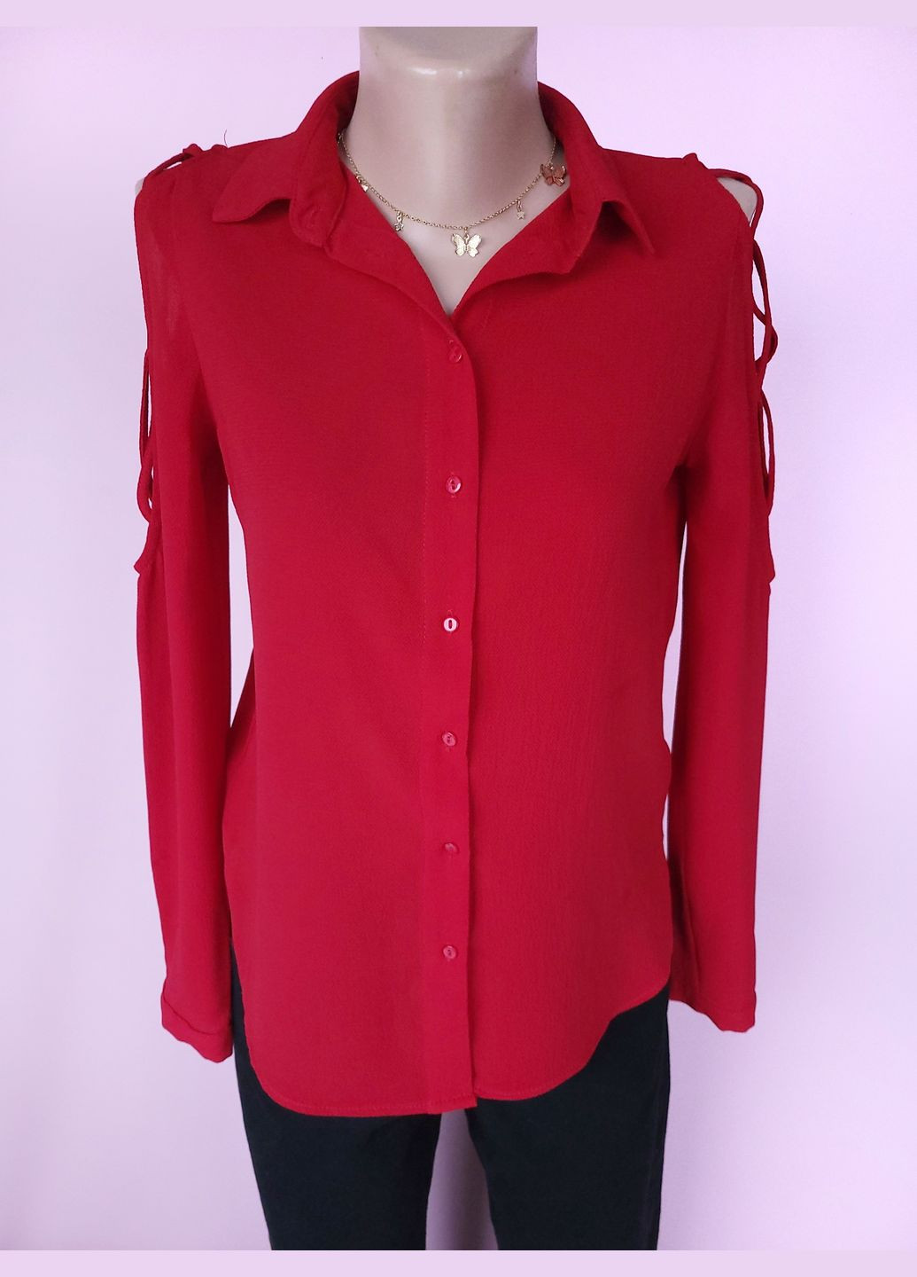 Красная демисезонная блузка женская однотонная с шнуровкой на плечах No Brand