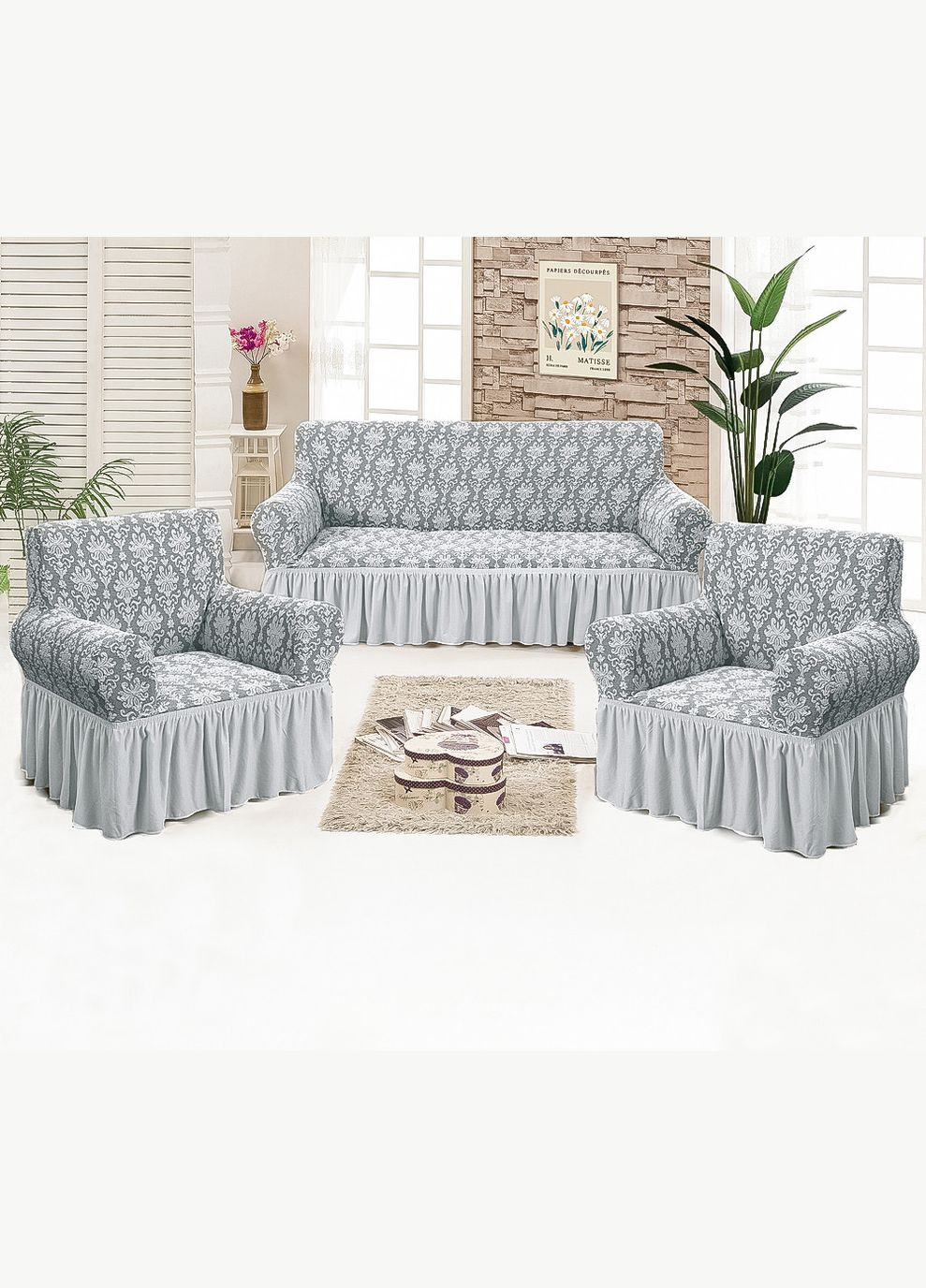 Комплект чехлов на диван трехместный и 2 кресла жаккард светло-серый (81104) Love You (334008138)