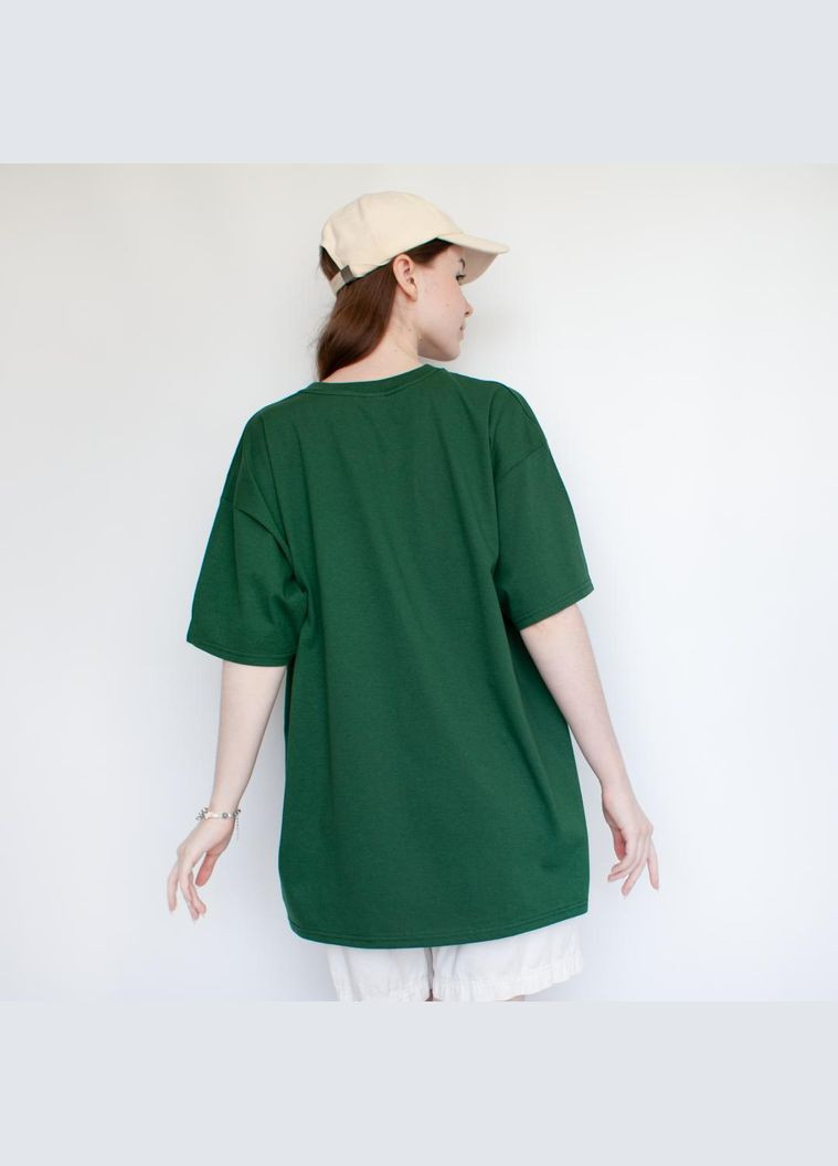 Темно-зеленая оверсайз футболка 100% хлопок длинная унисекс свободный крой молодежная зеленая без узора стильная casual ретро No Brand - (337990012)