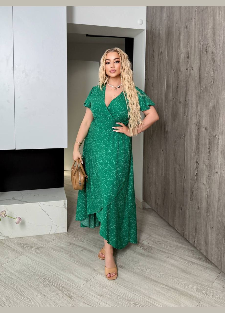 Зелена актуальна та модна сукня з легкої тканини на запах Україна в горошок