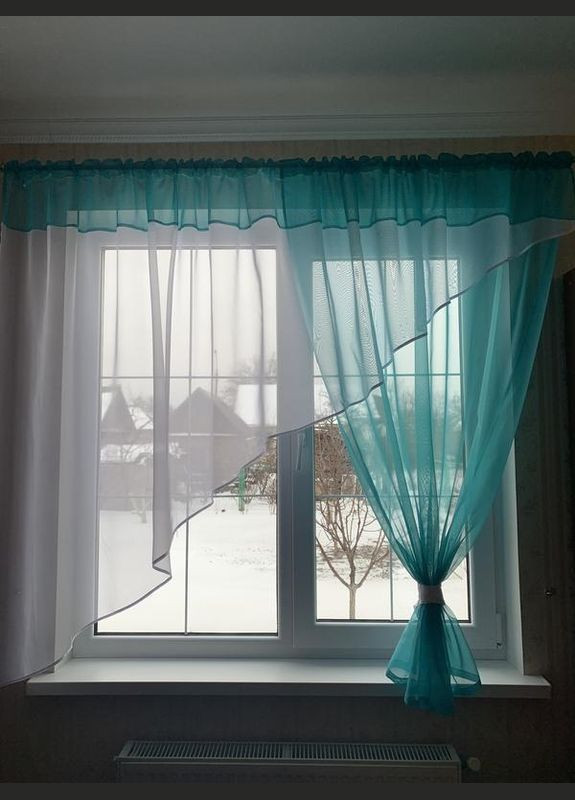 Тюль готовая, сшитая гардина с подхватом Морская волна, цвет белый, бирюзовый 290*175 см Hanna (316680156)