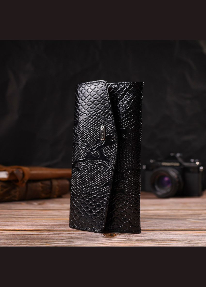 Фактурное женское лакированное портмоне из натуральной кожи с тиснением под змею 21700 Черное Canpellini (298569641)